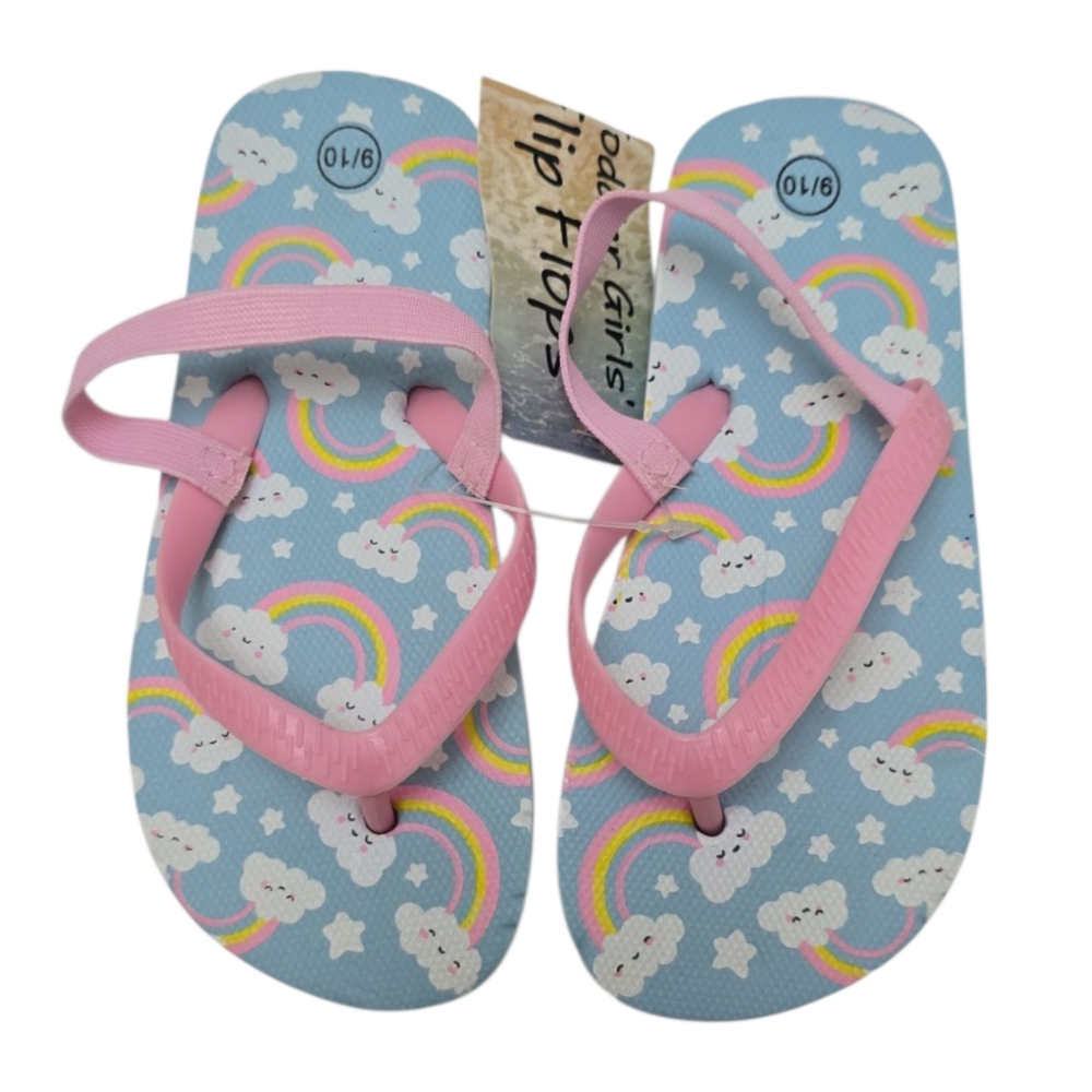 NWT Toddler Girls Rainbows Clouds Strap Flip Flops Sandals 9 / 10 Baby Blue Pink - Picture 1 of 3
